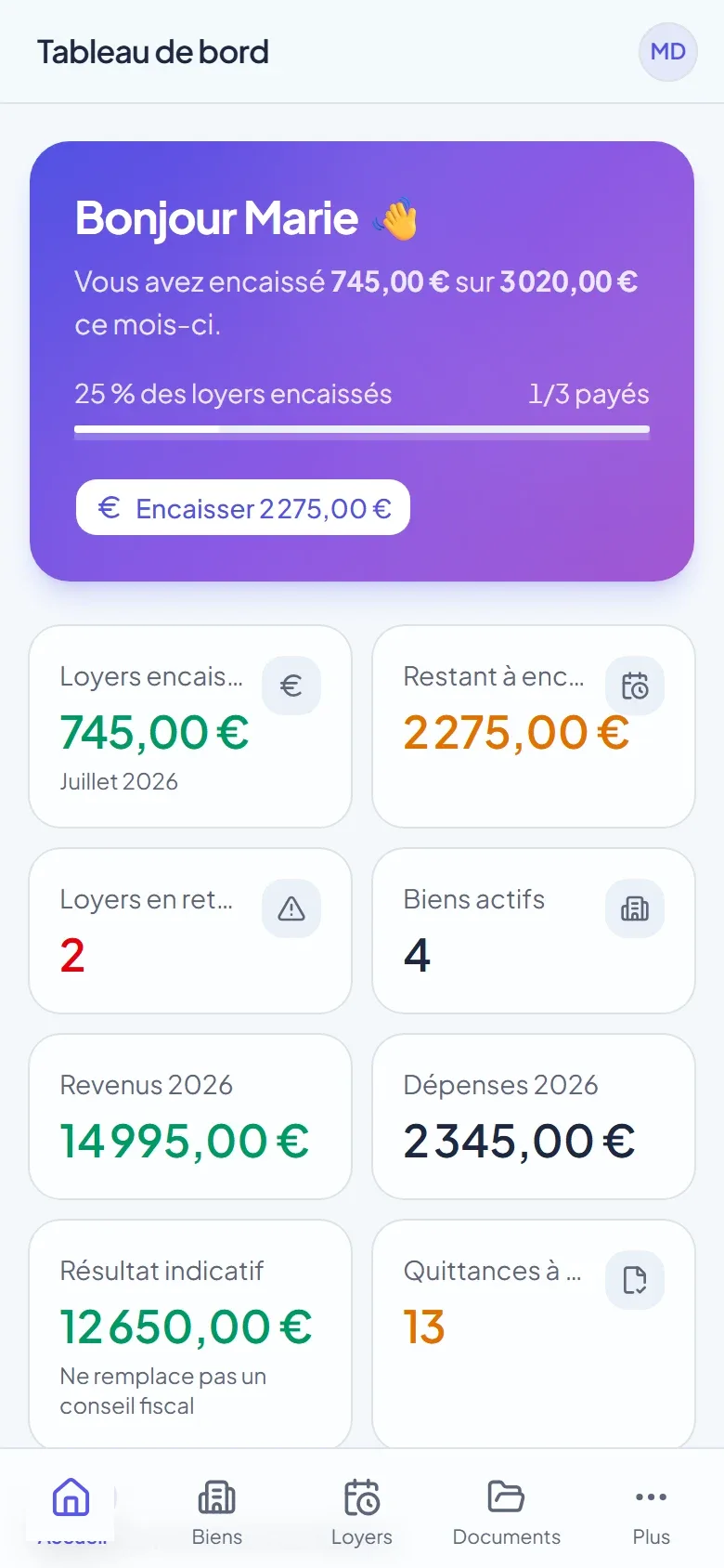 Tableau de bord Bailup sur téléphone