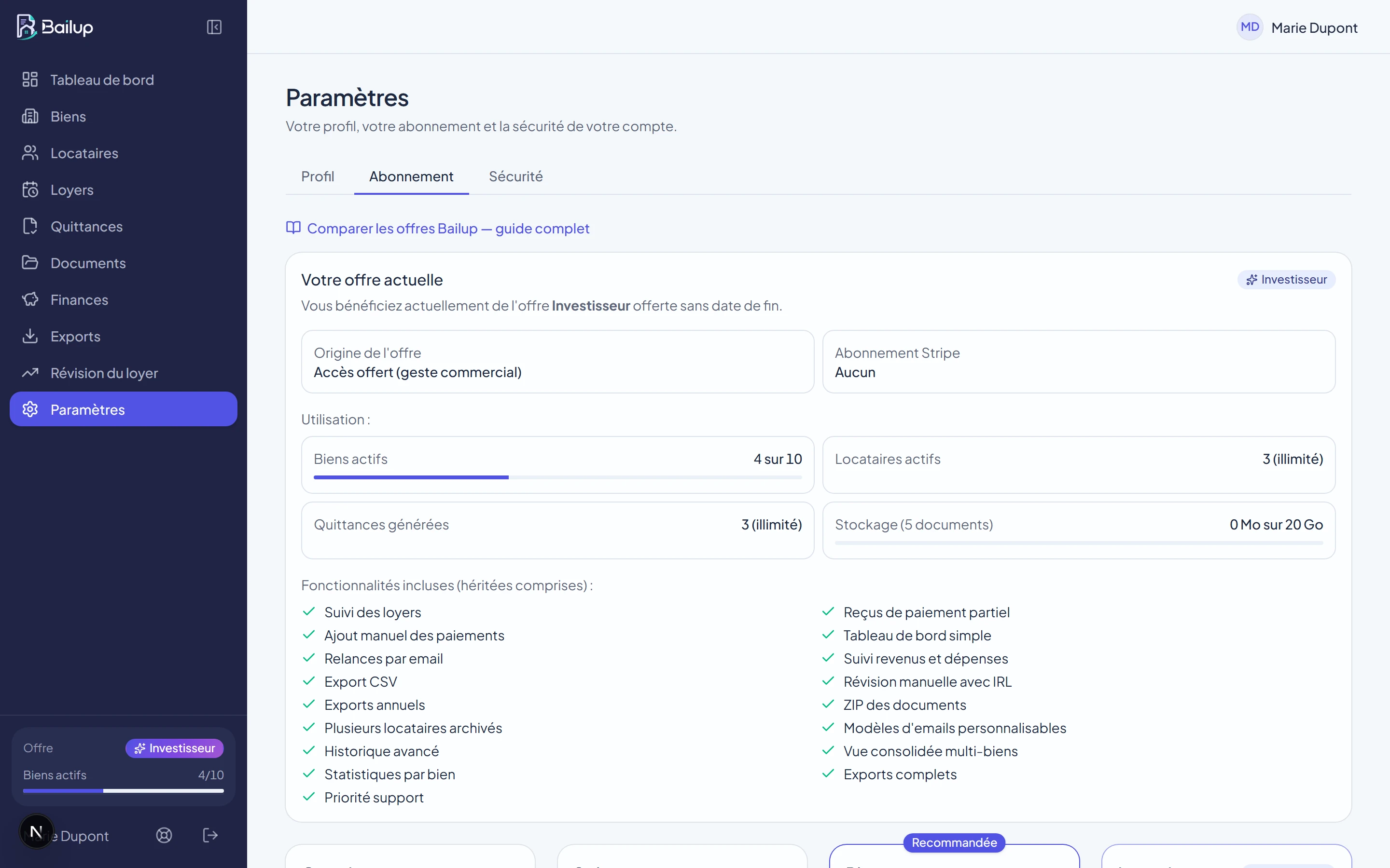 Page Abonnement de Bailup montrant l'offre actuelle, son origine, l'utilisation des limites avec barres de progression et les fonctionnalités incluses