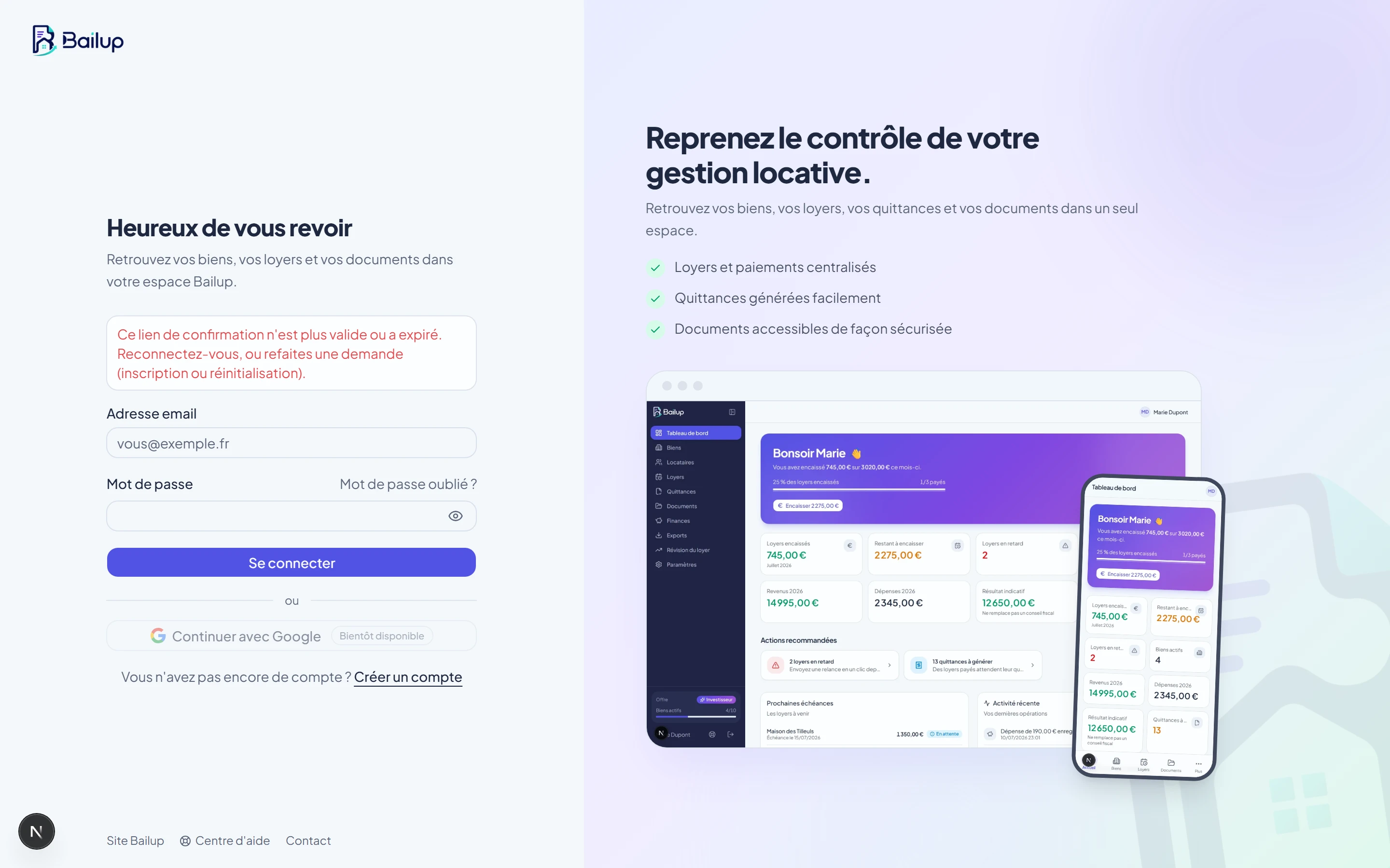 Page de connexion affichant le message contrôlé lien de confirmation invalide ou expiré