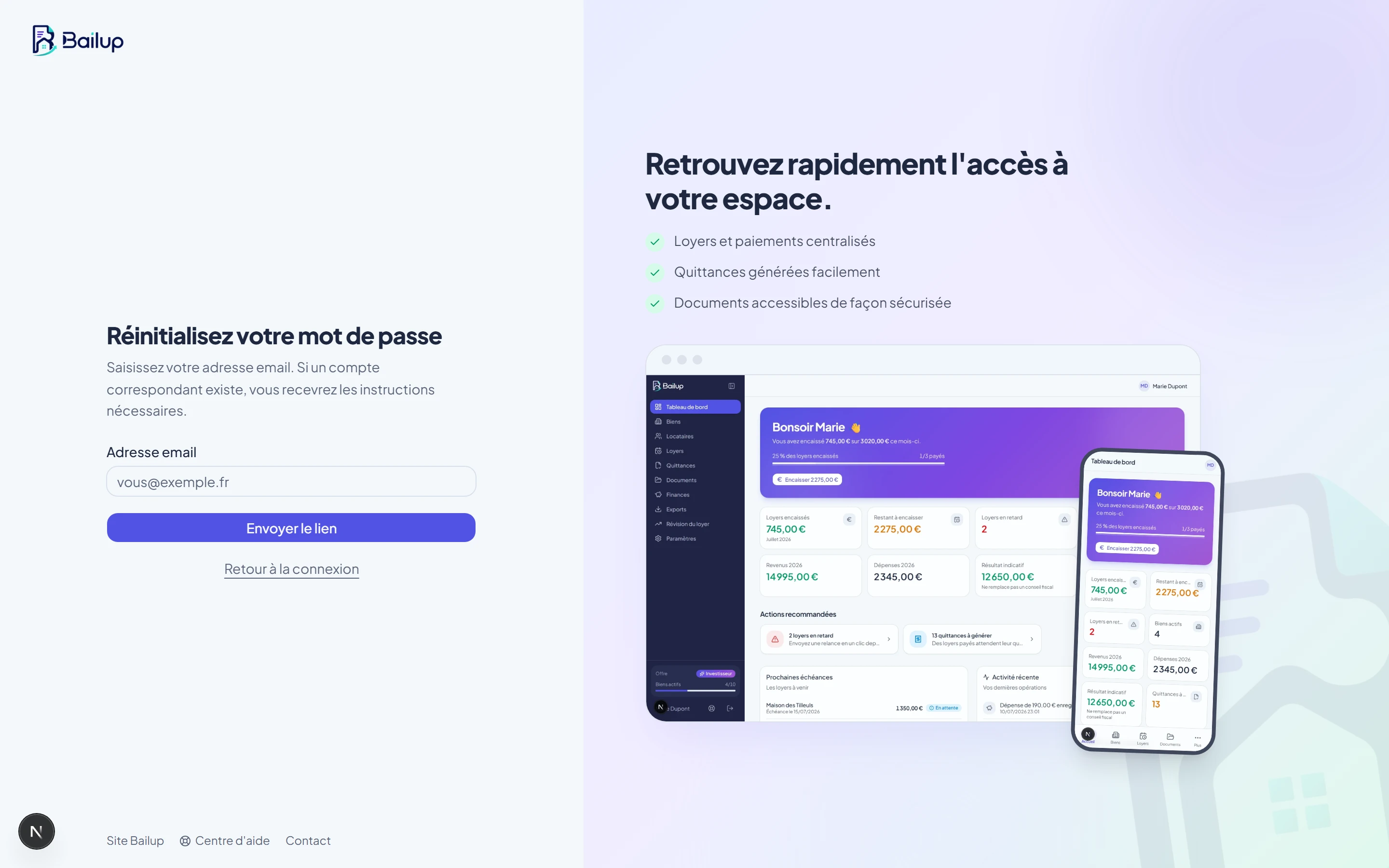 Page Réinitialisez votre mot de passe sur ordinateur avec le champ adresse email