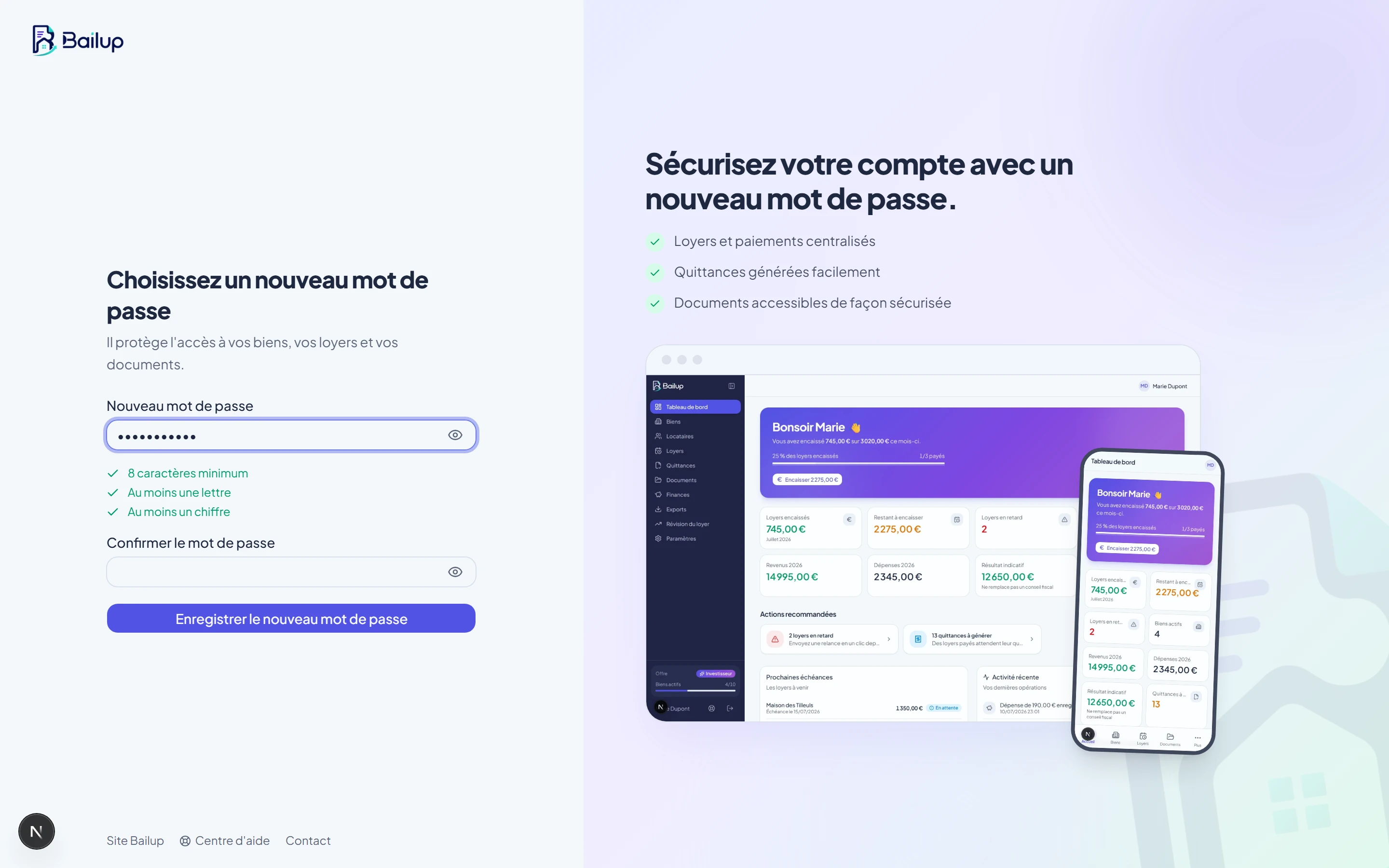 Page de réinitialisation avec les trois critères du mot de passe validés en vert