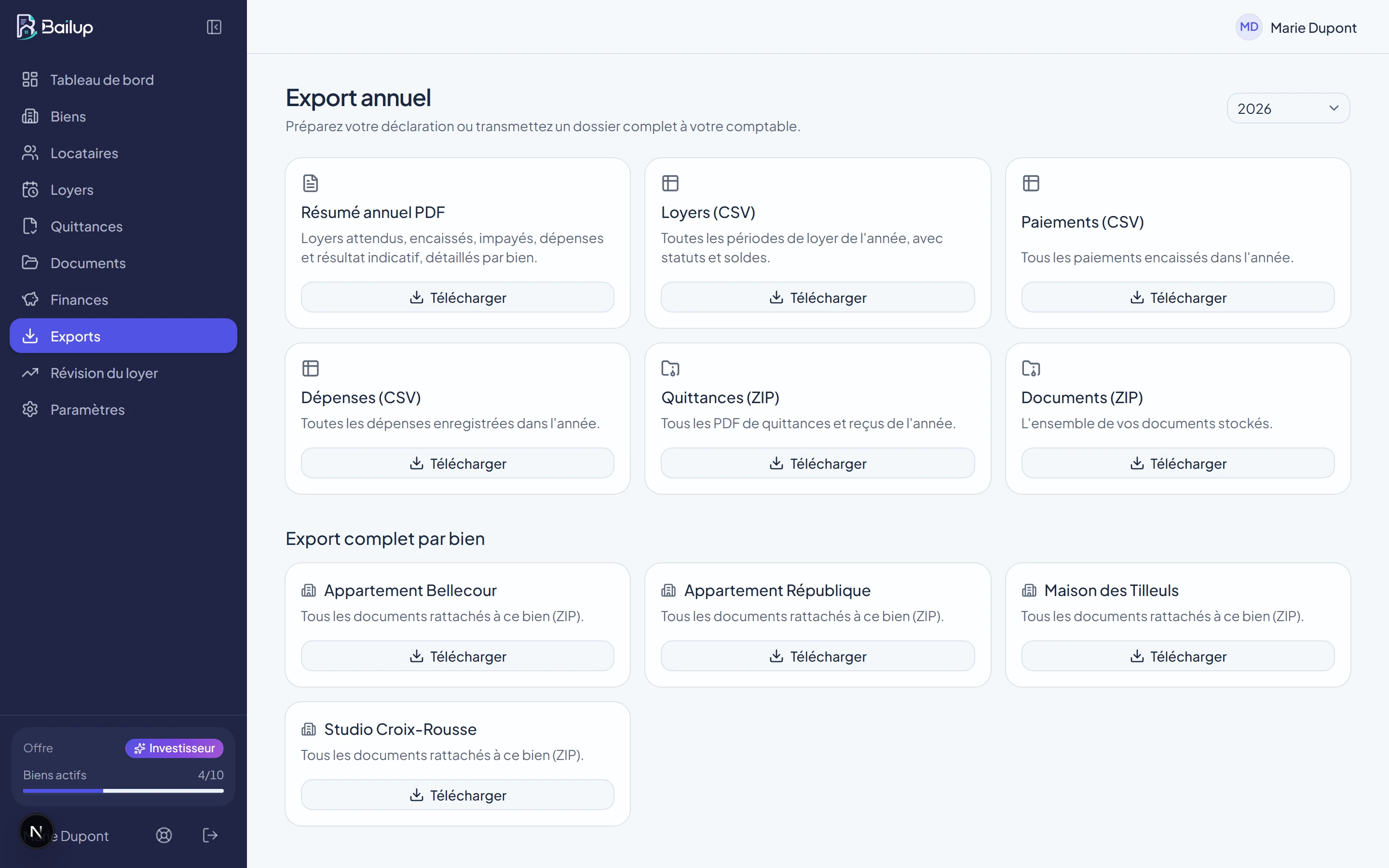 Page Exports de Bailup avec le sélecteur d'année, les exports CSV et les exports annuels dont certains affichent l'offre requise