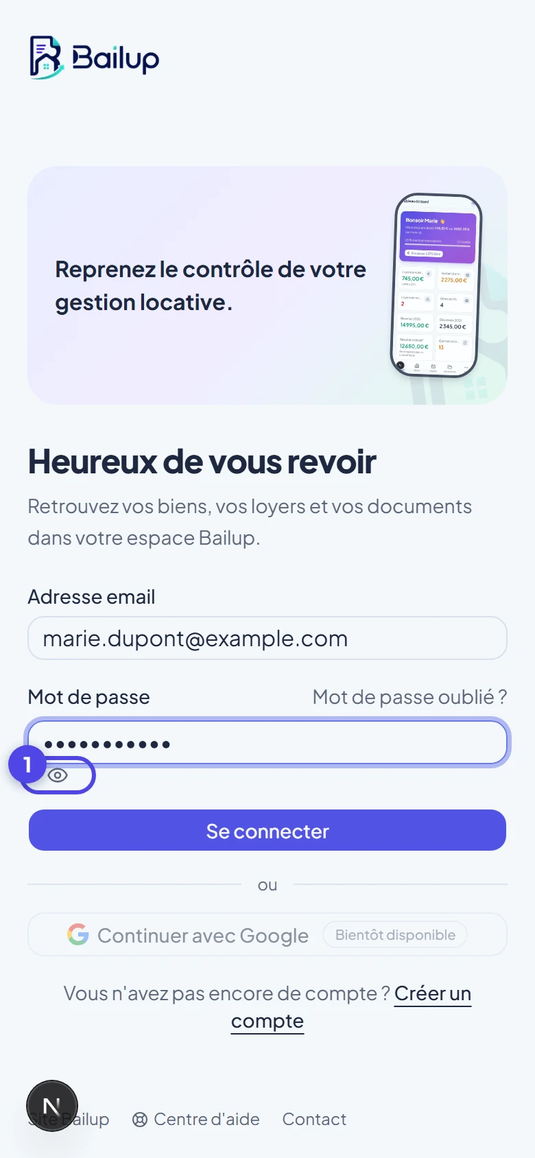 Formulaire de connexion mobile rempli, mot de passe masqué par des points