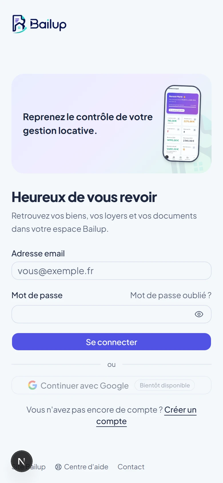 Page de connexion Bailup sur mobile avec héro produit compact puis formulaire
