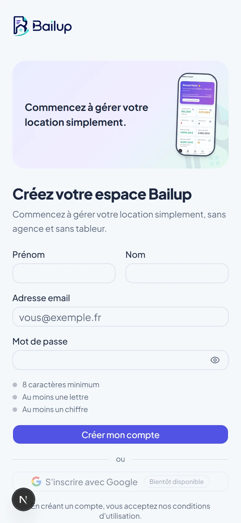 Formulaire d'inscription Bailup sur mobile : héro produit compact puis champs pleine largeur