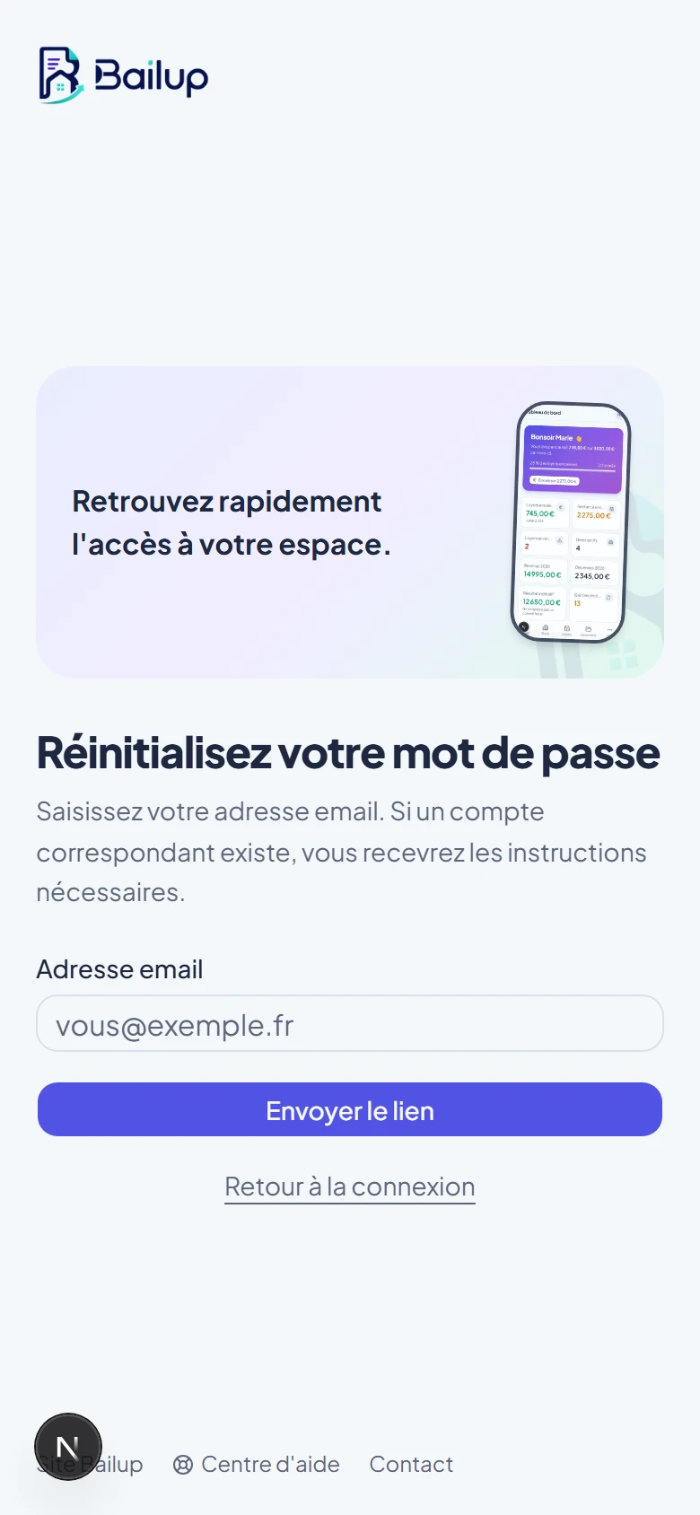 Demande de réinitialisation sur mobile, champ email pleine largeur