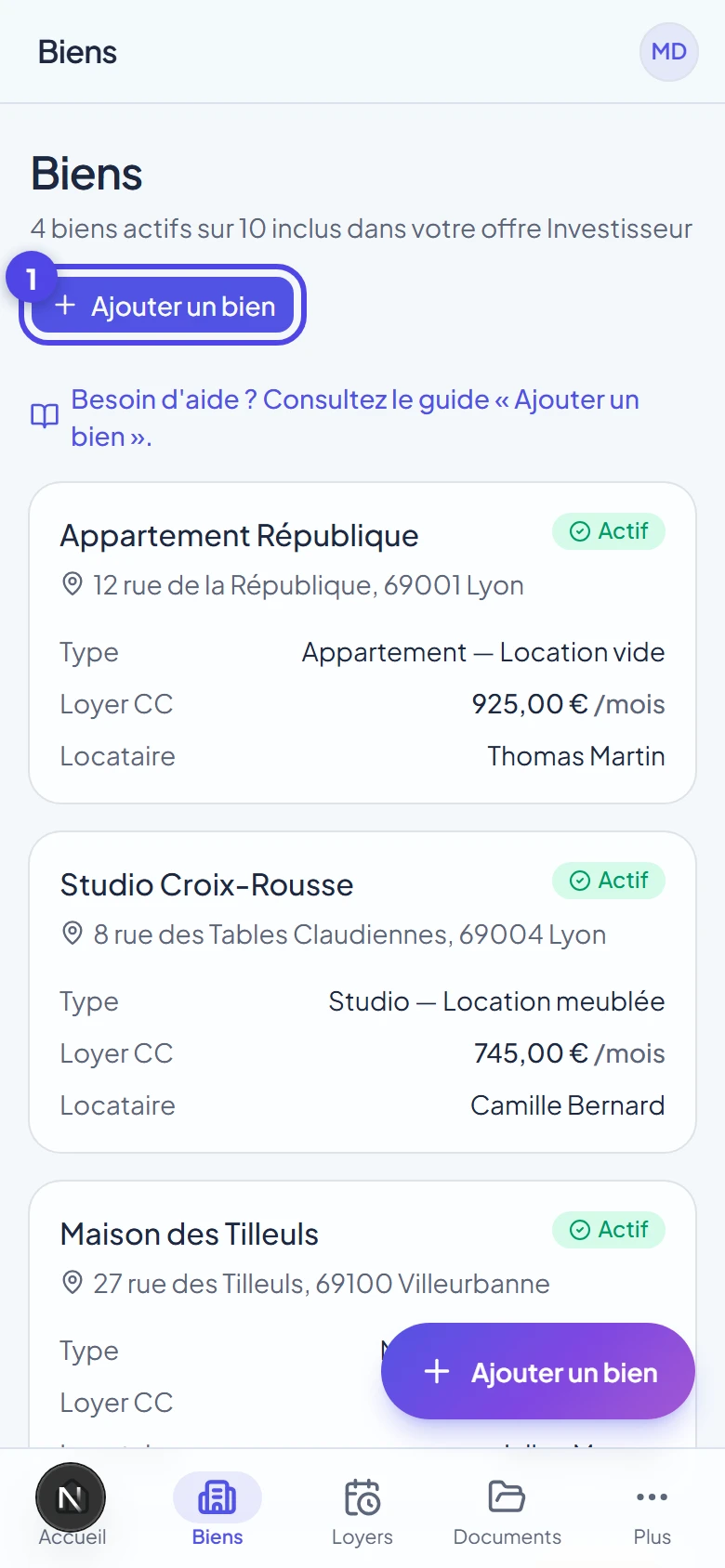 Page Biens de Bailup sur mobile avec le bouton flottant Ajouter un bien en bas à droite