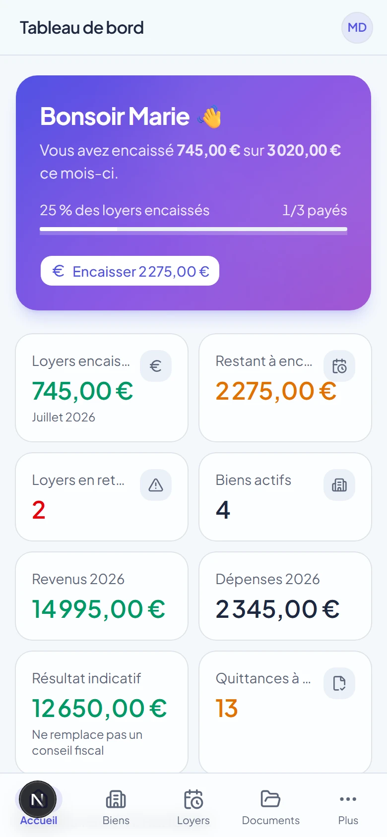 Tableau de bord Bailup sur mobile avec le bandeau du mois et la barre de navigation inférieure