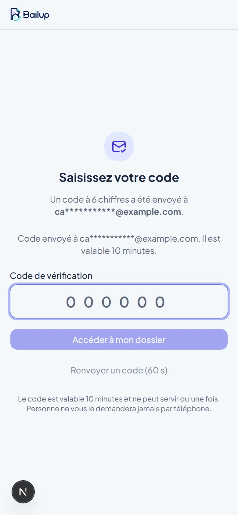 Saisie du code de vérification à 6 chiffres sur mobile, avec bouton Renvoyer un code et compte à rebours