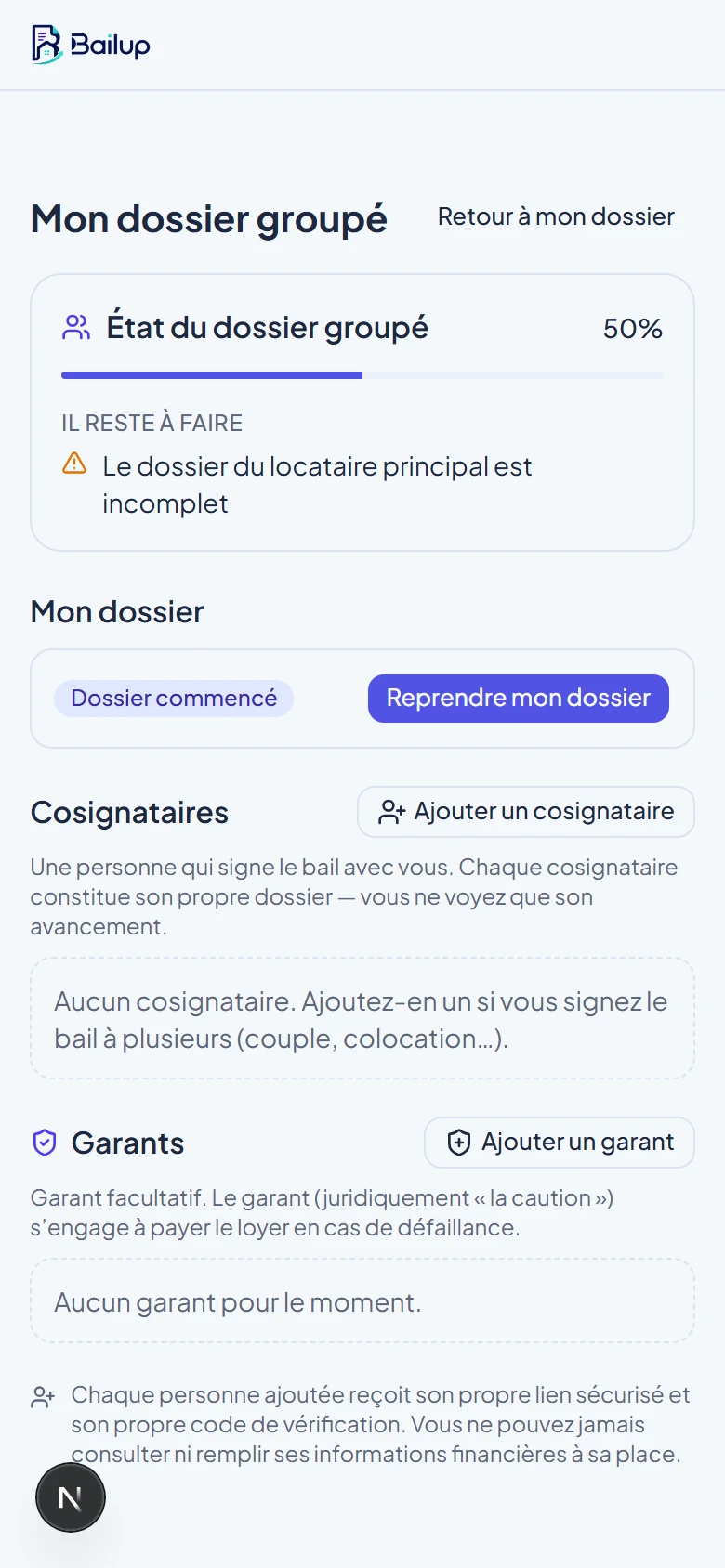 Tableau de bord du dossier groupé sur mobile : état global, mon dossier, cartes des cosignataires et garants avec leur avancement