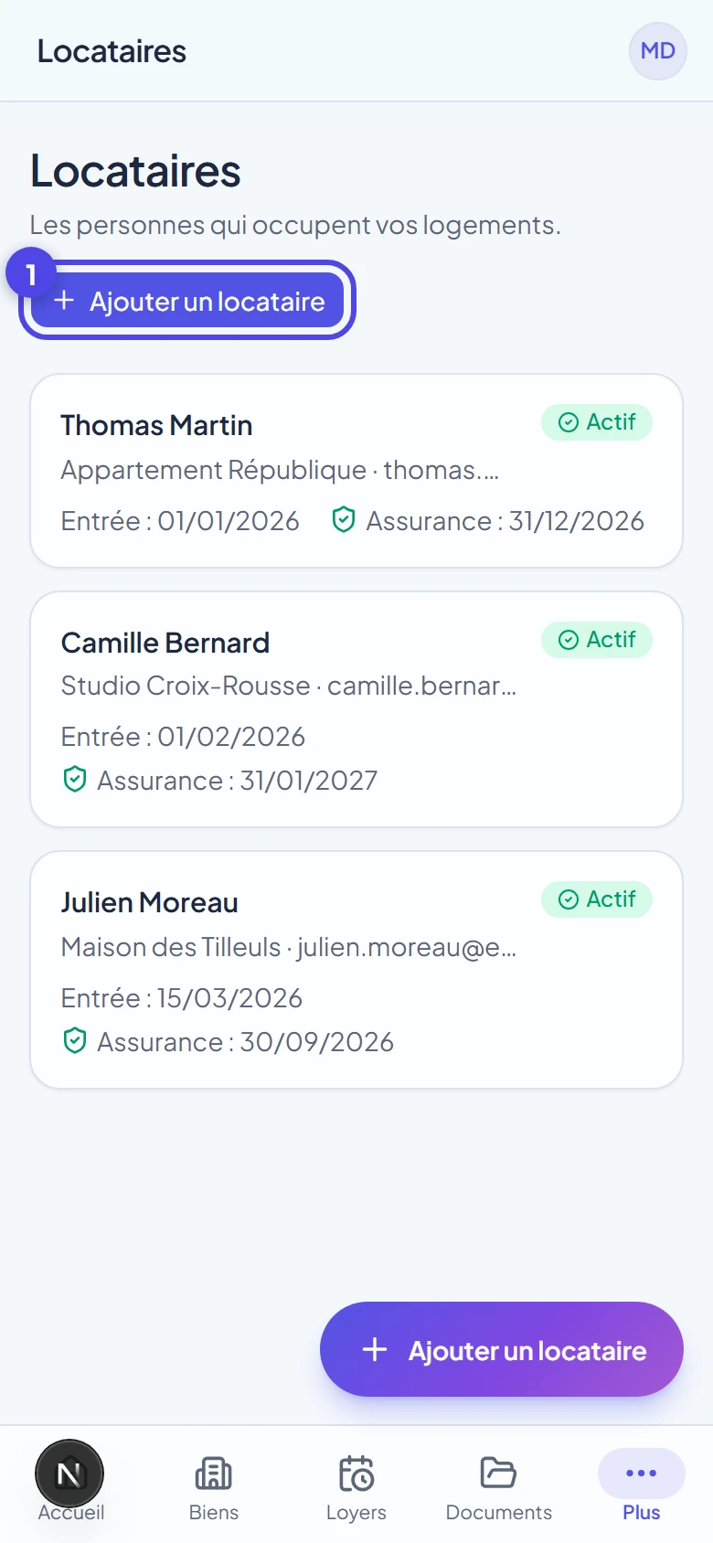 Page Locataires de Bailup sur mobile avec le bouton flottant Ajouter un locataire en bas à droite