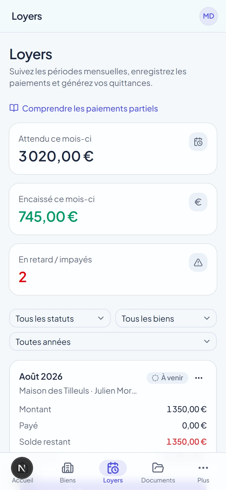 Carte d'une période de loyer sur mobile avec le bouton direct Enregistrer un paiement mis en évidence