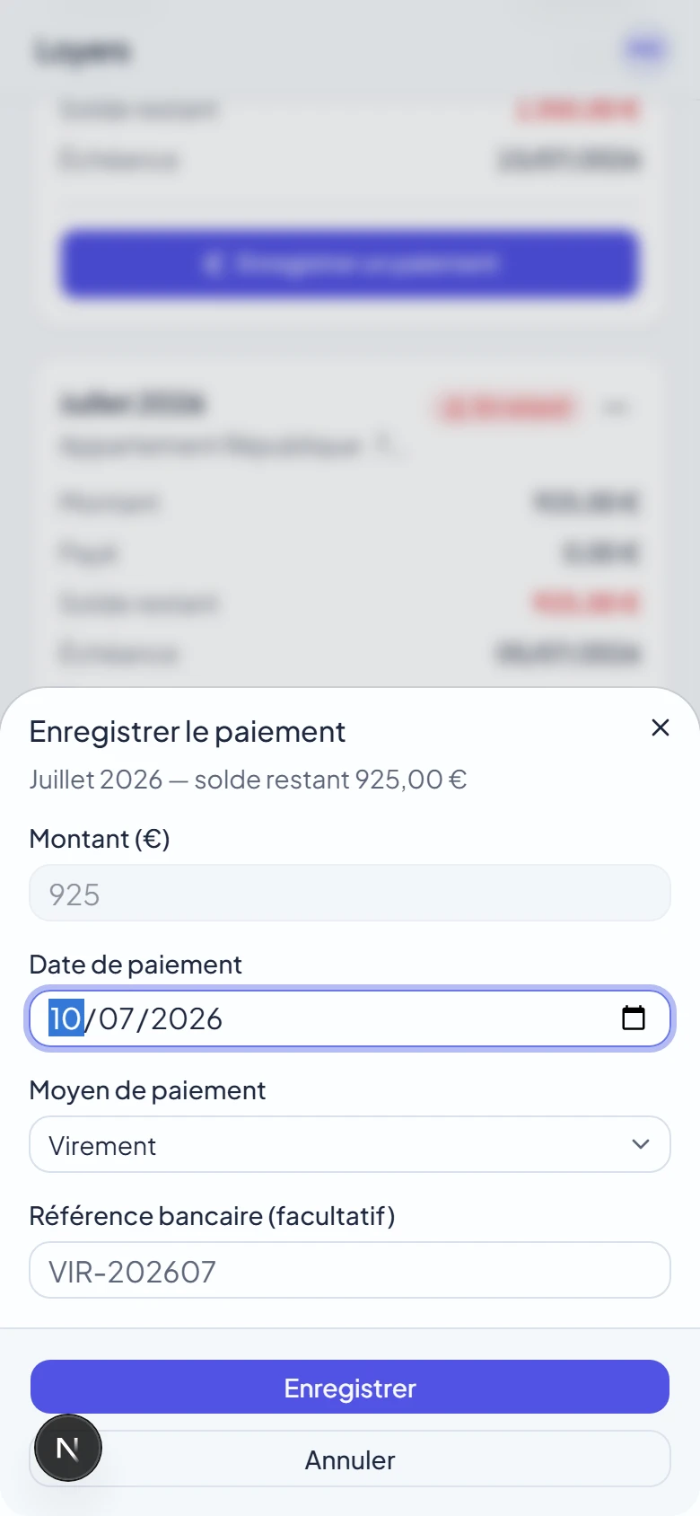 Feuille de paiement mobile de Bailup ouverte depuis le bas de l'écran avec montant, date et moyen de paiement