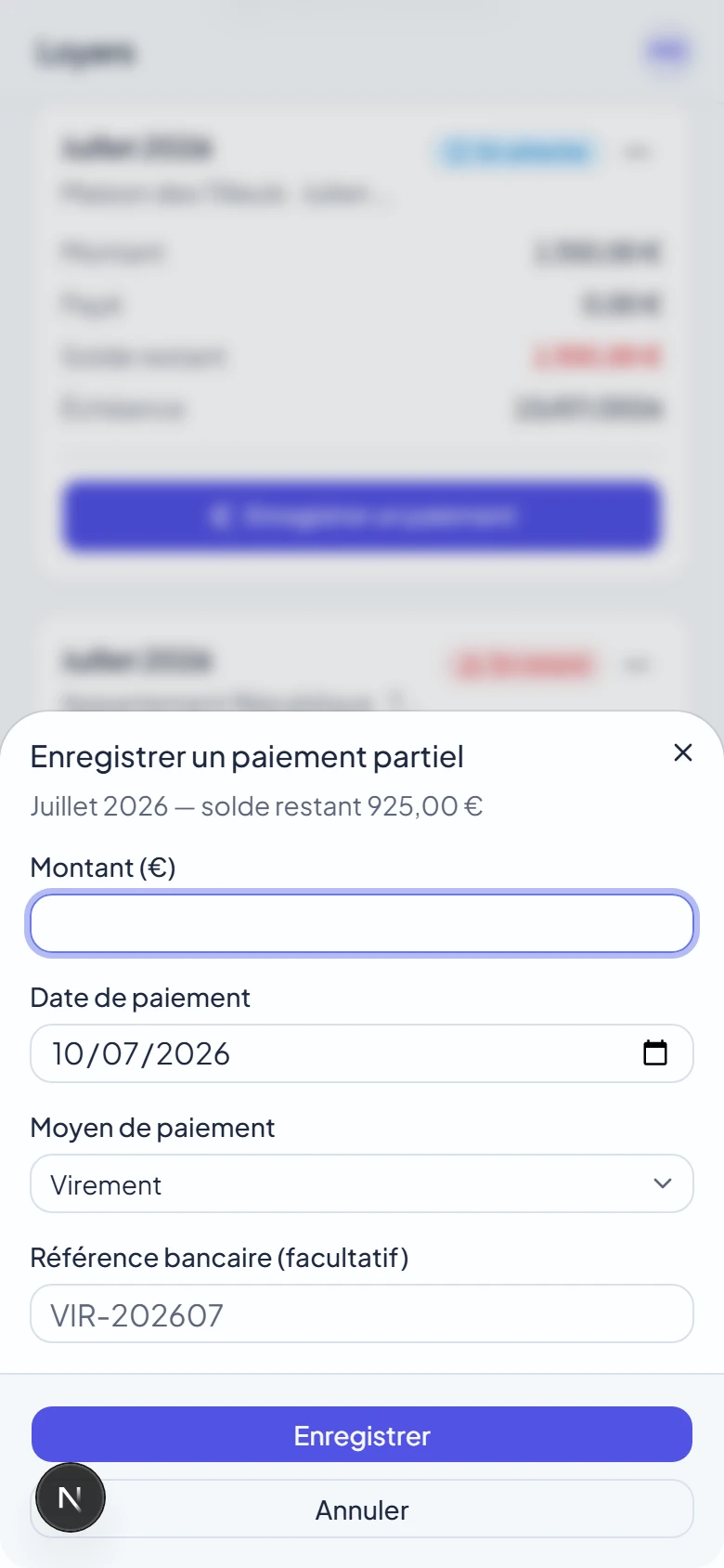 Feuille Paiement partiel sur mobile avec champ montant vide, ouverte depuis le bas de l'écran