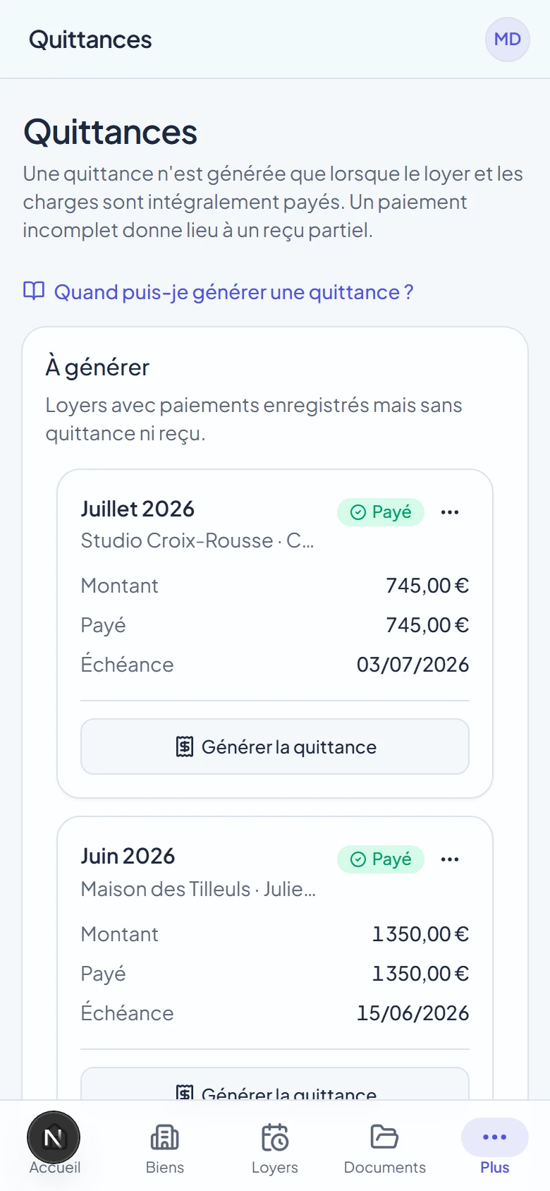 Page Quittances sur mobile : cartes des loyers en attente puis historique des quittances